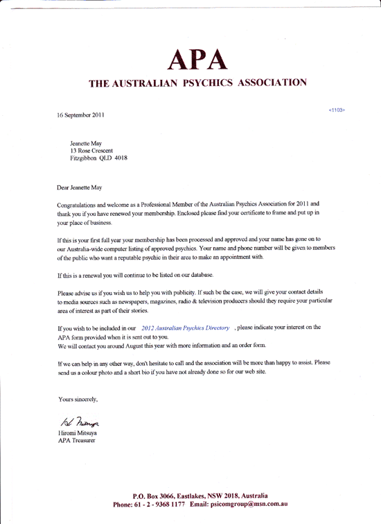 Membership letter from Australian Psychics Association